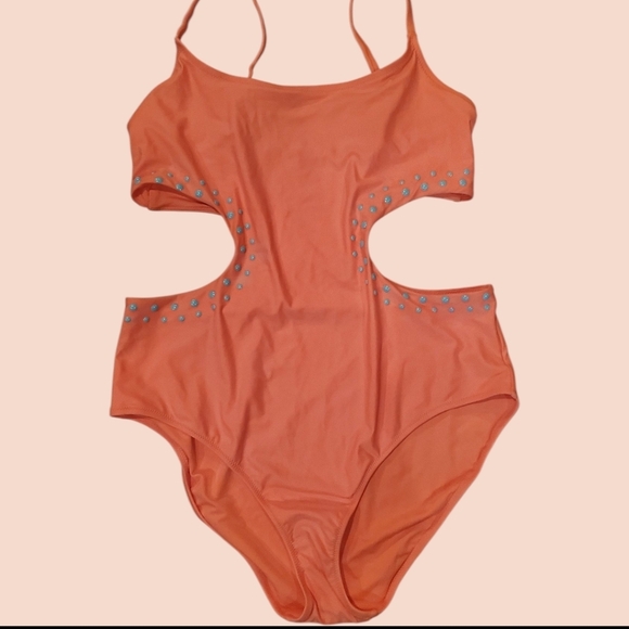 aerie Coral One-Piece Swimsuit with Cutout and Blue Studs. Size XL - Picture 2 of 4